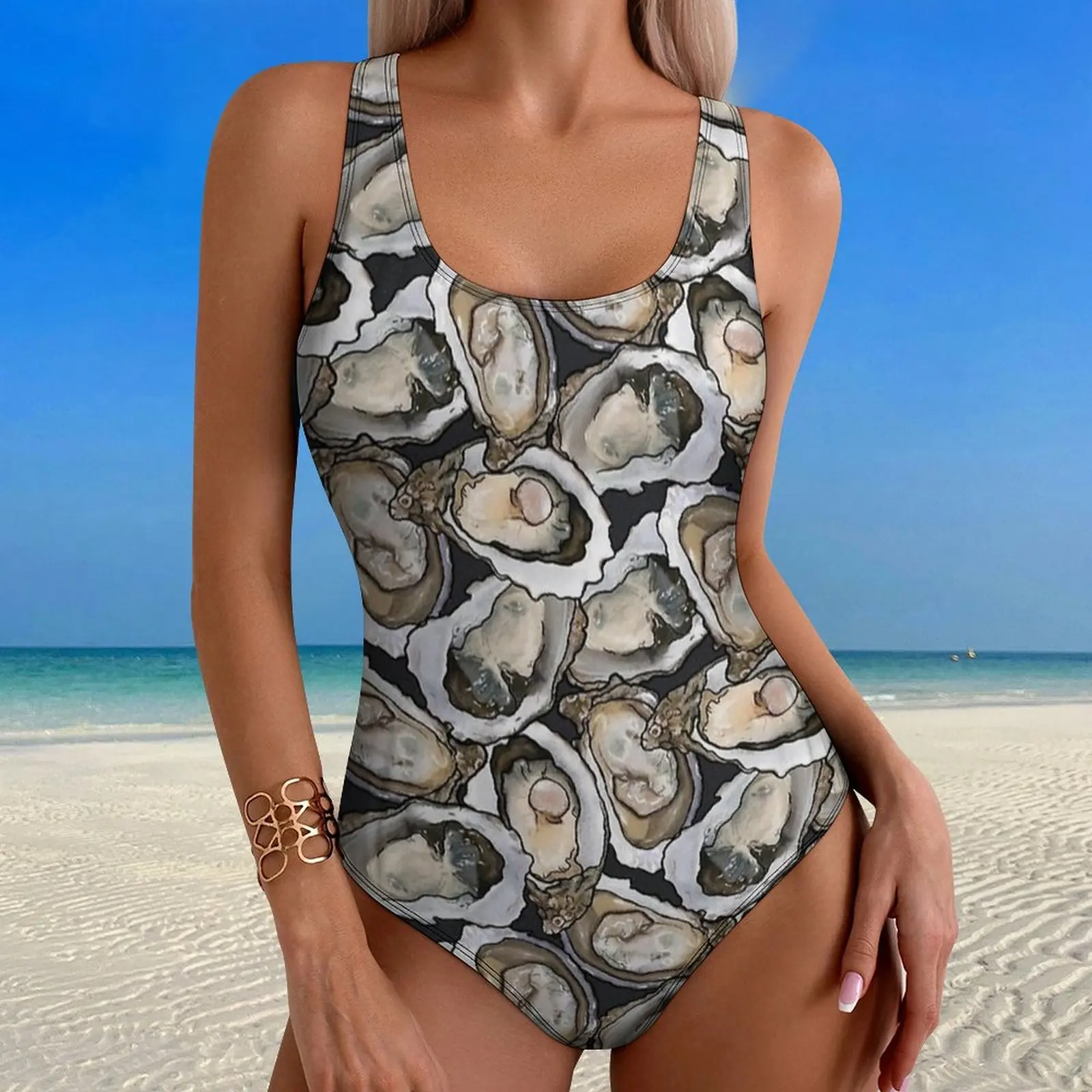 Oyster Seafood Feast in Charcoal Swimsuit Sexy  One-Piece Swimwear Push Up Swimsuits Trend Sport Monokini