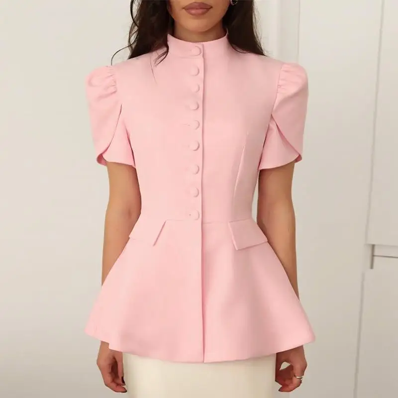 

Faionable Pure Color Slim Fit ort Sve Stand Collar Button up Women's Suit Top Cleanfit Sle Office Wear mid Length