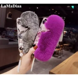 Warm Rabbit Fur Hair Plush Phone Case, Soft Cover, Luxury Diamond Pendant, for iPhone 14, 11, 12, 13, 15, Pro Max, 7, 8 Plus