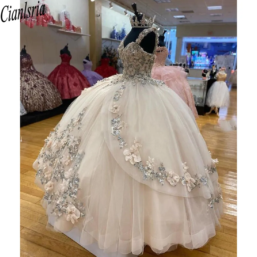 Marfim princesa quinceanera vestido 2022 vestido de baile rendas 3d feito à mão flores festa doce 16 vestido concurso vestidos de 15 años baile