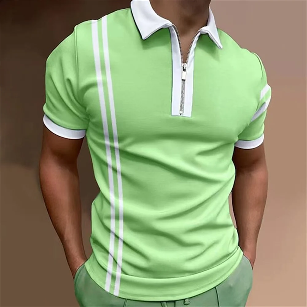 Summer T-shirts Men Men's Zip Polo Wear Turndown Zipper Clothes Tops Short Sleeve Fashion Classic Style Tropical Casual Tops