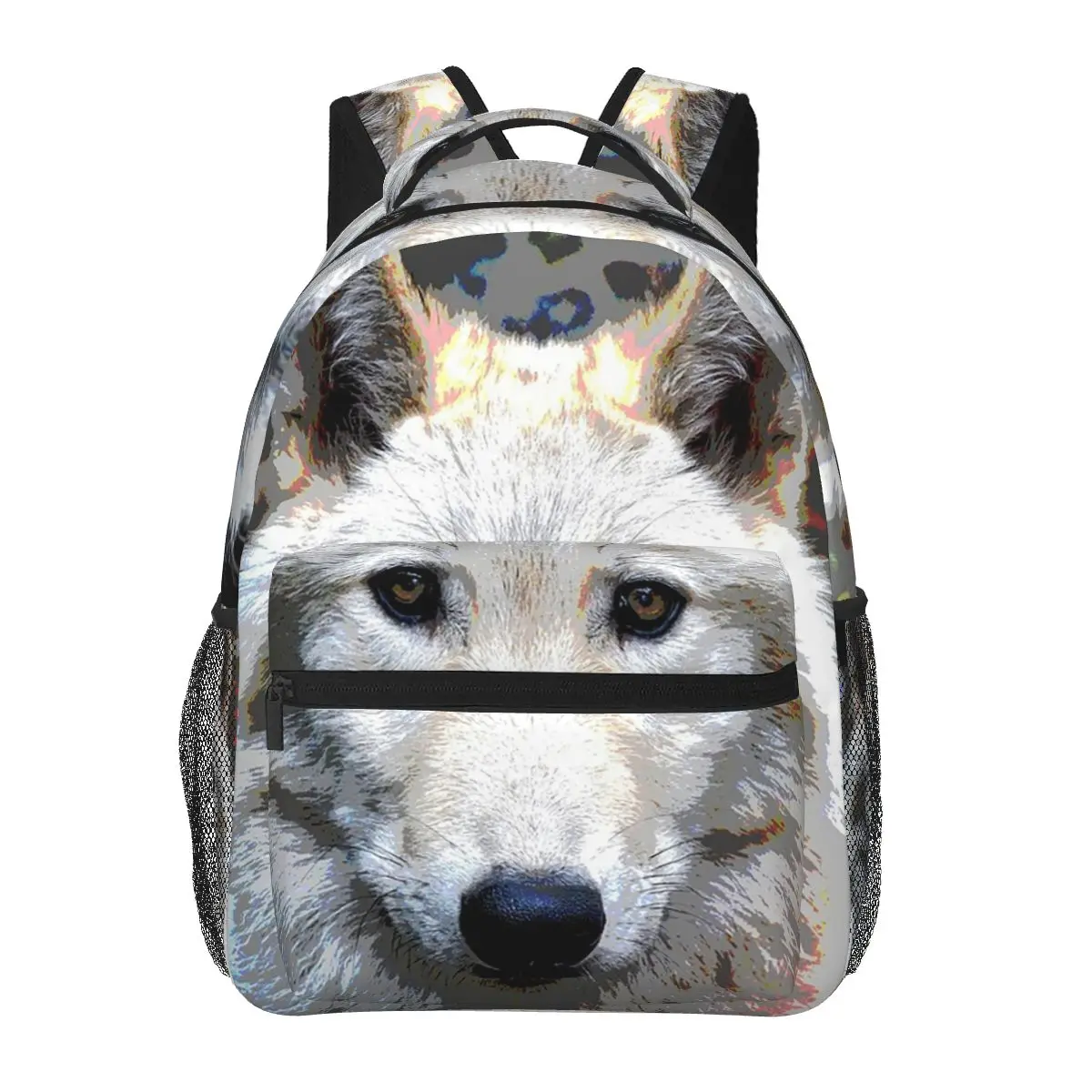 

White Wolf Oil Painting Print Student Backpack School Bag Hiking Travel Daypack for Boys Girls Fashion Bookbag Shoulder Bags