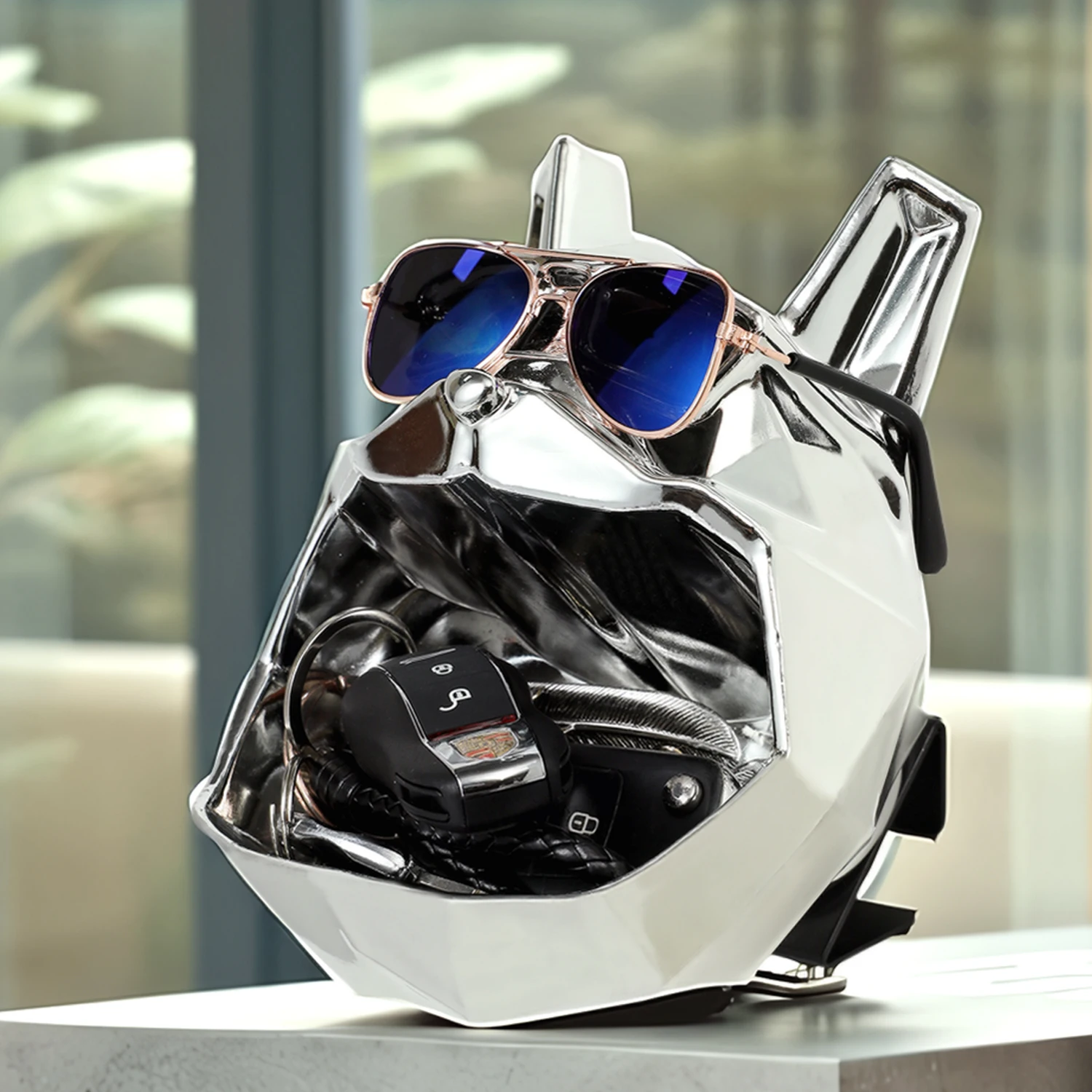 

Фигурка головы собаки многоугольника с местом для хранения, гальваника, золотистого, серебряного цвета, однотонная скульптура из синтетической смолы, фигурка для домашнего декора