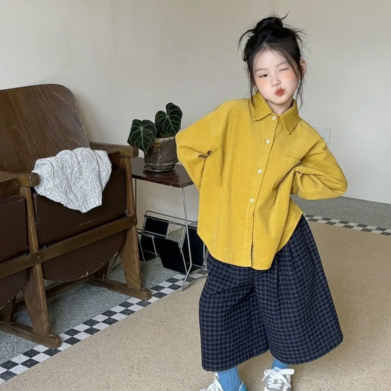 

Autumn Kids Corduroy Shirt Set Layering Essential for Girls Long Sleeve Toddler Shirt with YellowColorful Print Korean Style Mix