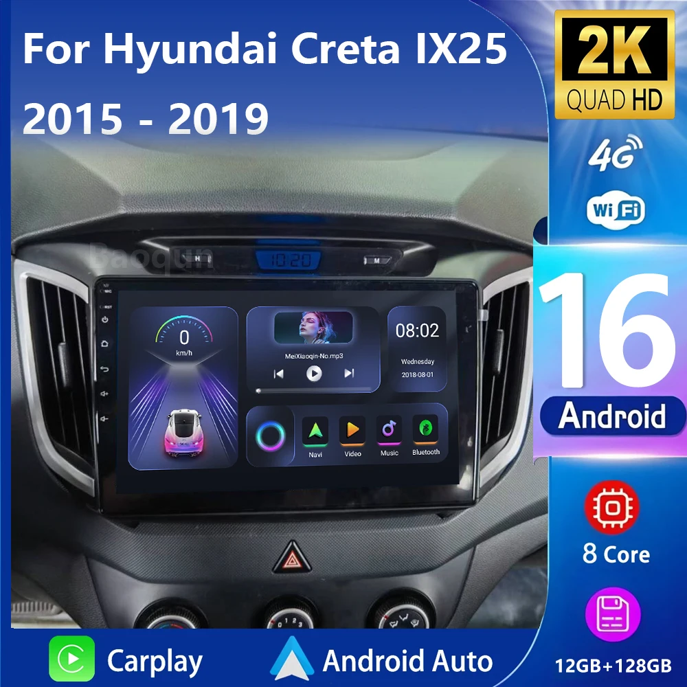 Android 16 Radio del coche para Hyundai Creta IX25 2015-2019 GPS NAVI 2DIN 4G WIFI reproductor de vídeo estéreo Multimedia inalámbrico Carplay auto
