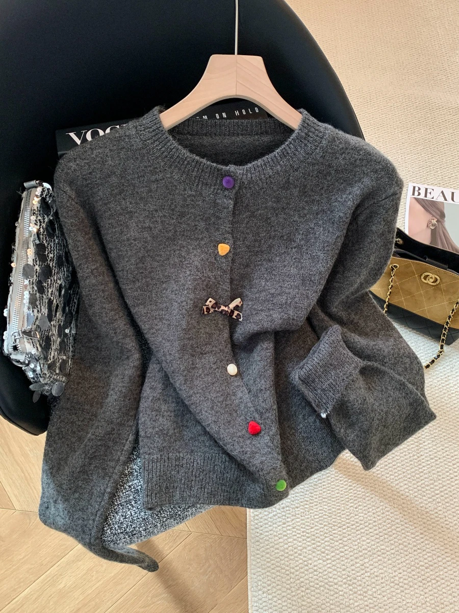 

Korean Sle Early Autumn Long Sve Knitted Sweater Women's Lazy Loose round Ne Knit Cardigan Top Fem Faion
