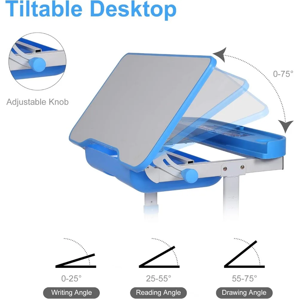 Juego de escritorio y silla para niños, mesas de escritura de estudio escolar para niños, altura ajustable, escritorio inclinable, luz LED, cajón de almacenamiento