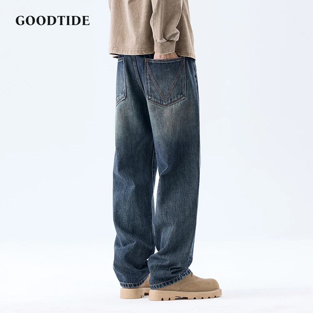 Jeans dritti lavati retrò da uomo di moda 2025 Autunno nuovi pantaloni casual in denim drappeggiato casual allentato taglia 28-40