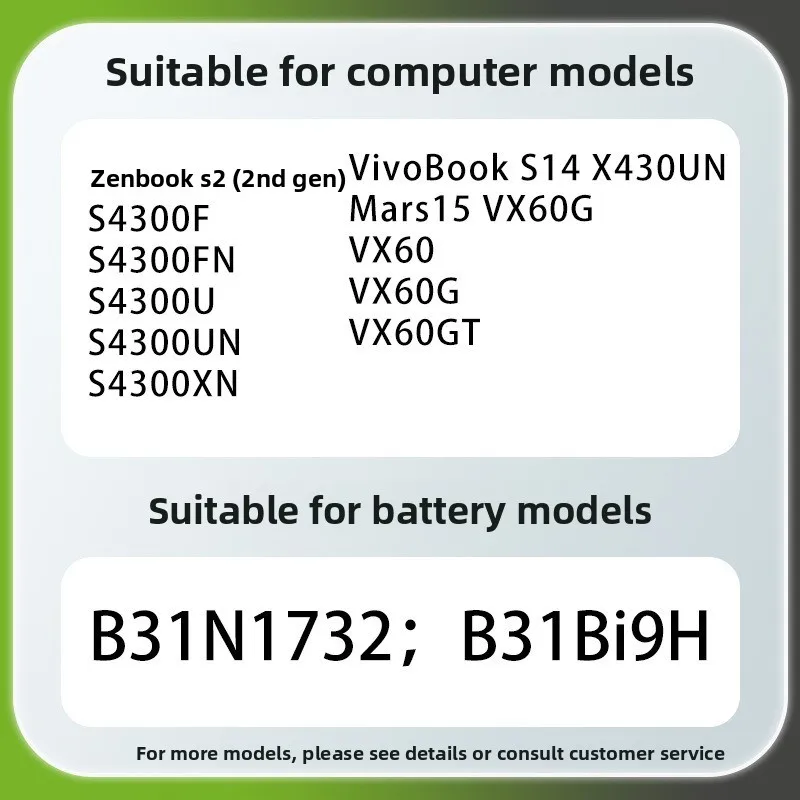 B31N1732 for ASUS ZenBook S 2nd S4300F/S4300FN/S4300U/S4300UN/S4300XN VivoBook S14 X430UN Mars15 VX60 Laptop Battery