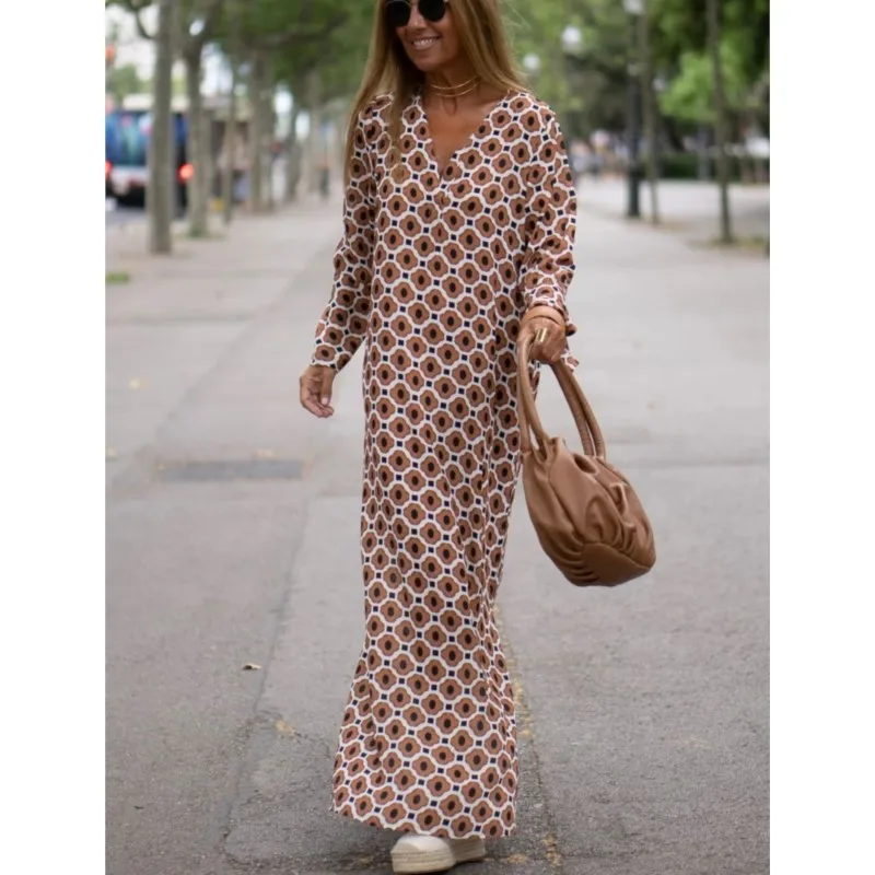 Women's Autumn Fashion One-step Long Dresses 2025 New Printed V-neck Mid-waist Slit Long-sleeved Dress Elegant Loose Vestidos