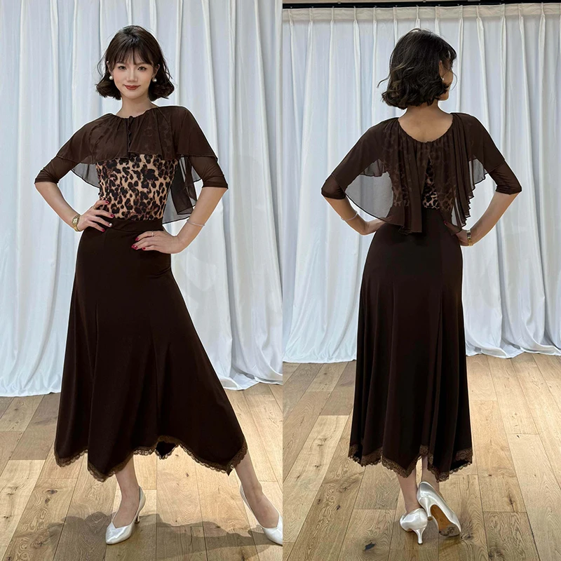 Ballroom Dance Clothes Women Leopard Tops Brown Long Skirt Tango Dance Practice Wear Club Modern Standard Dance Dress BL19551
