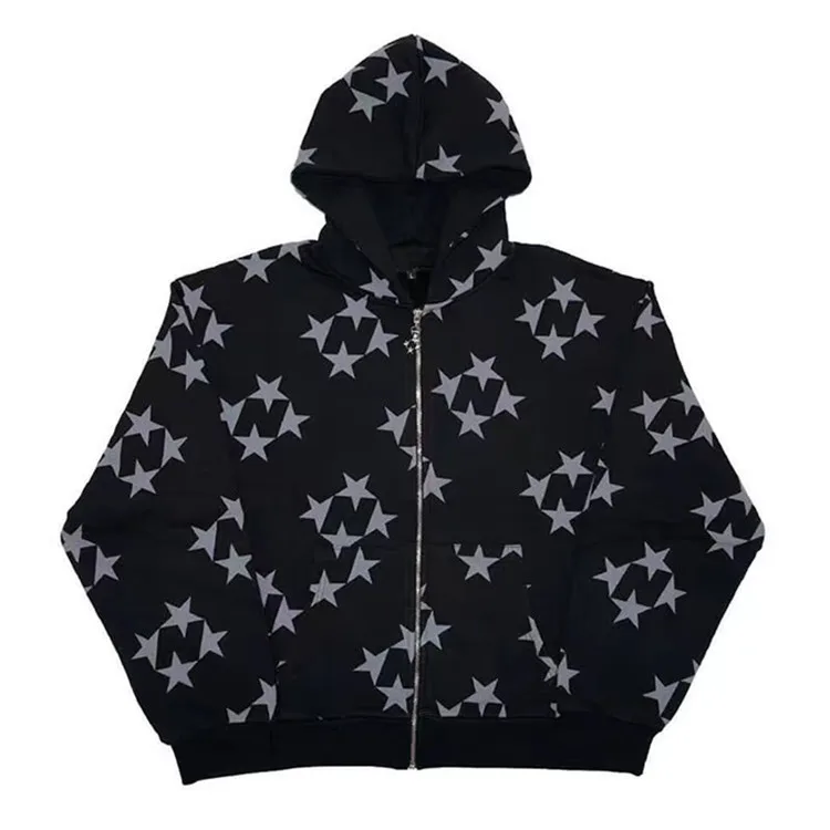 Women Harajuku Star Printed Sweatshirts Loose Casual Cardigan Tops Coats Streetwear Y2K Gothic Grunge Vintage Zip Up Hoodies