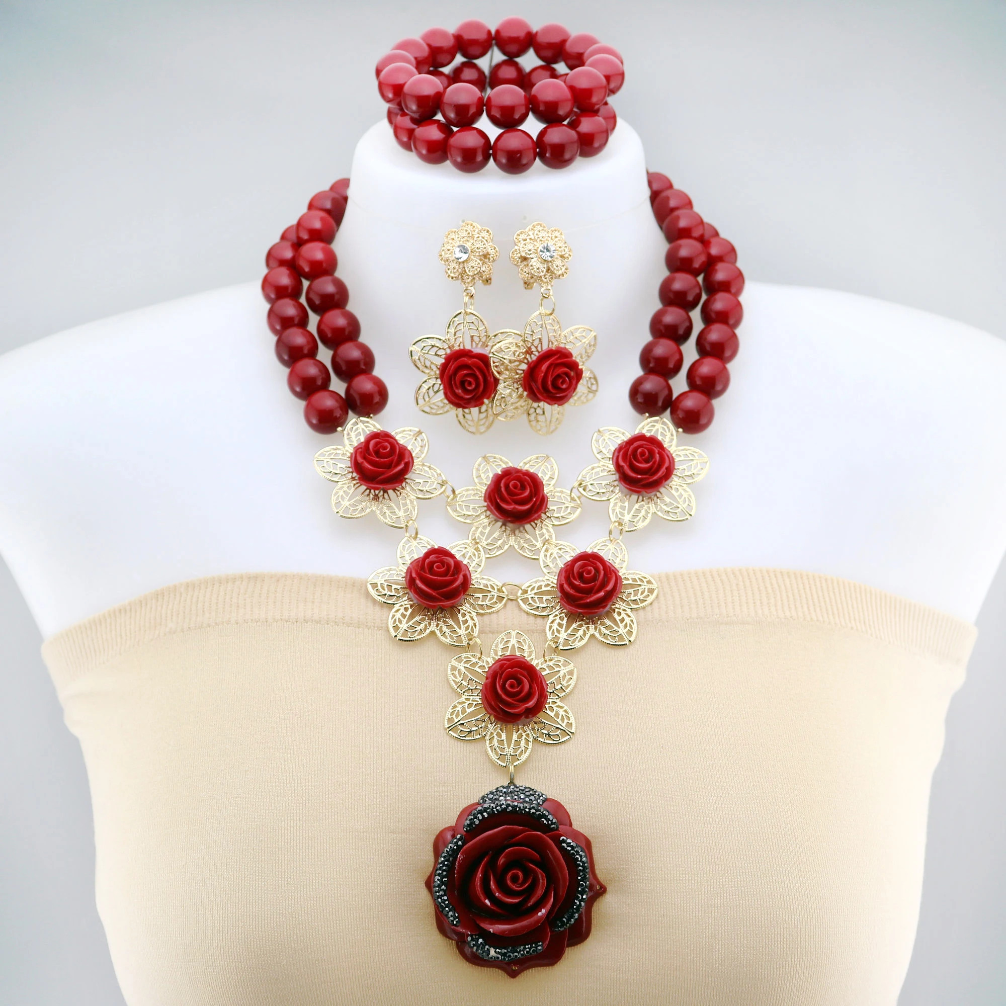 Nigerian Glass+Synthetic Stone Beautiful Flower Accessories Necklace African Bridal Banquet Wedding Jewelry Set  Z1087,0.3