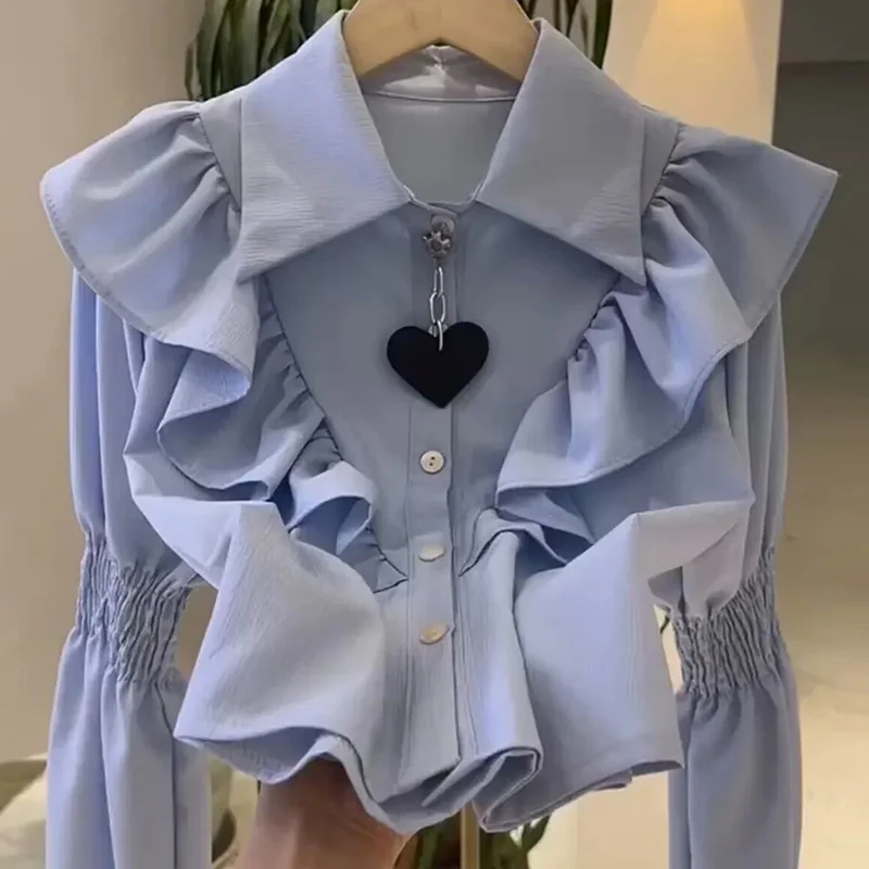 

GIDYQ Ruffled Puff Sleeve White Shirt Women Elegant Sweet Heart Turn Down Collar Blouse Korean Casual Preppy Style All Match Top