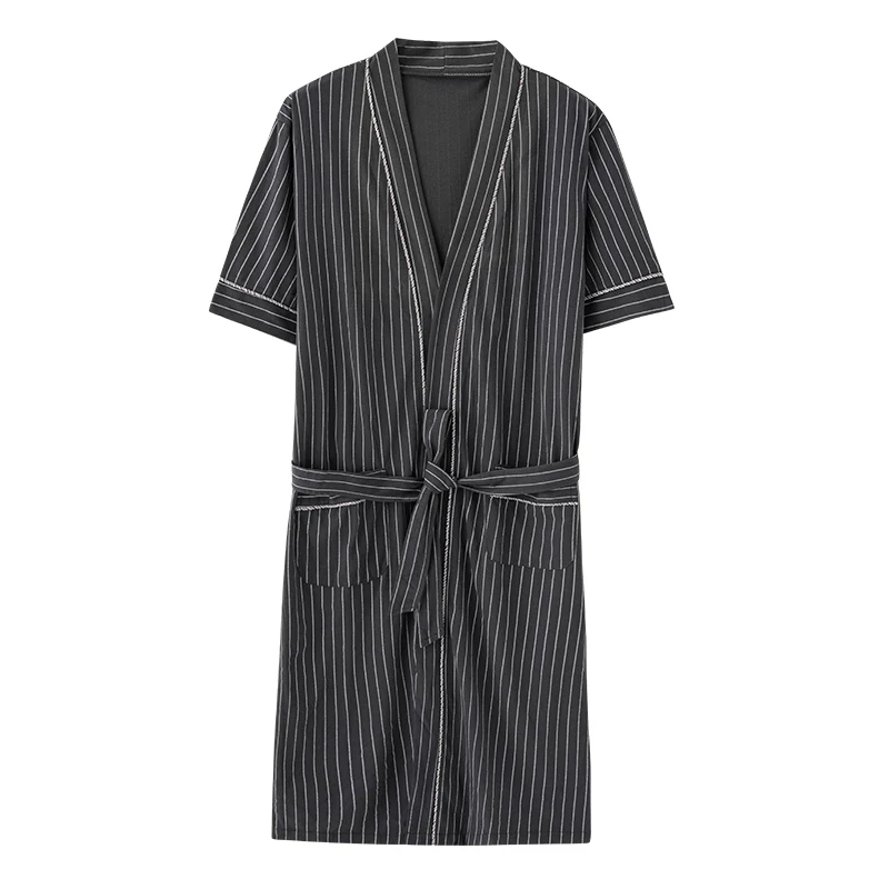 Spring/Summer Combed Cotton Pajamas Men\'s Plus Size Bathrobe V-Neck Kimono Pajama Stripes Men\'s Pajama Home Furnishings