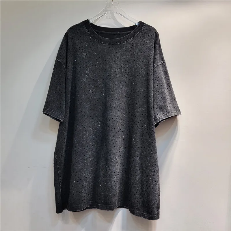 T-shirt con diamanti pieni lavati estivi retrò a maniche corte con strass larghi t-shirt con paillettes di media lunghezza Crop top