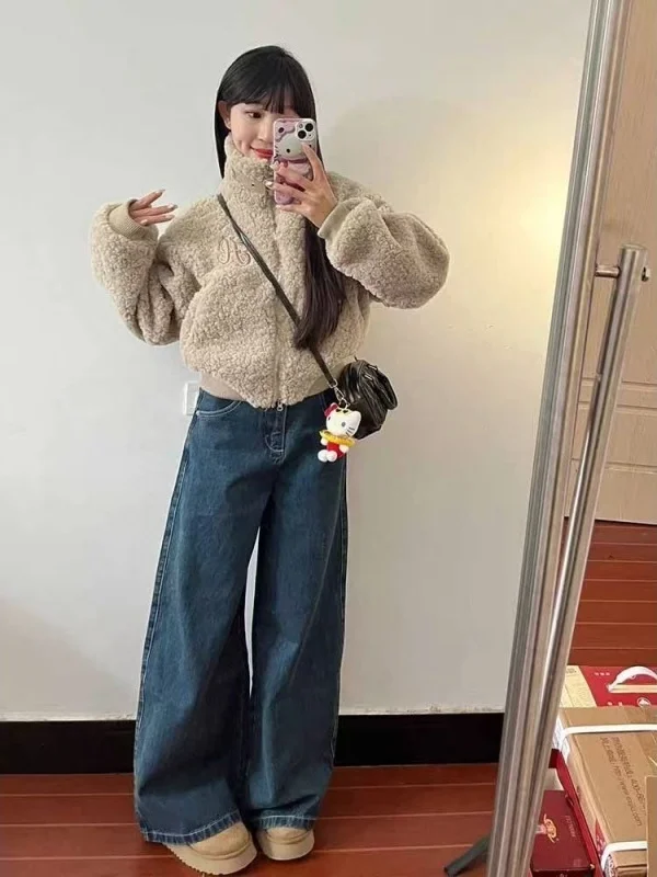 Damska zimowa kurtka z owczej wełny, modna, słodka, luźny krój, ocieplana, mały rozmiar, wysokiej jakości, wygodna w noszeniu, elegancki wygląd.