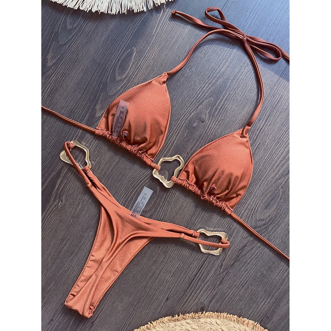 Glänzender Metallring Neckholder Mini-Tanga-Bikini Damen-Badeanzug Zweiteiliges Bikini-Set Badebekleidung Badeanzug Schwimmanzug V6438 – Detail 25