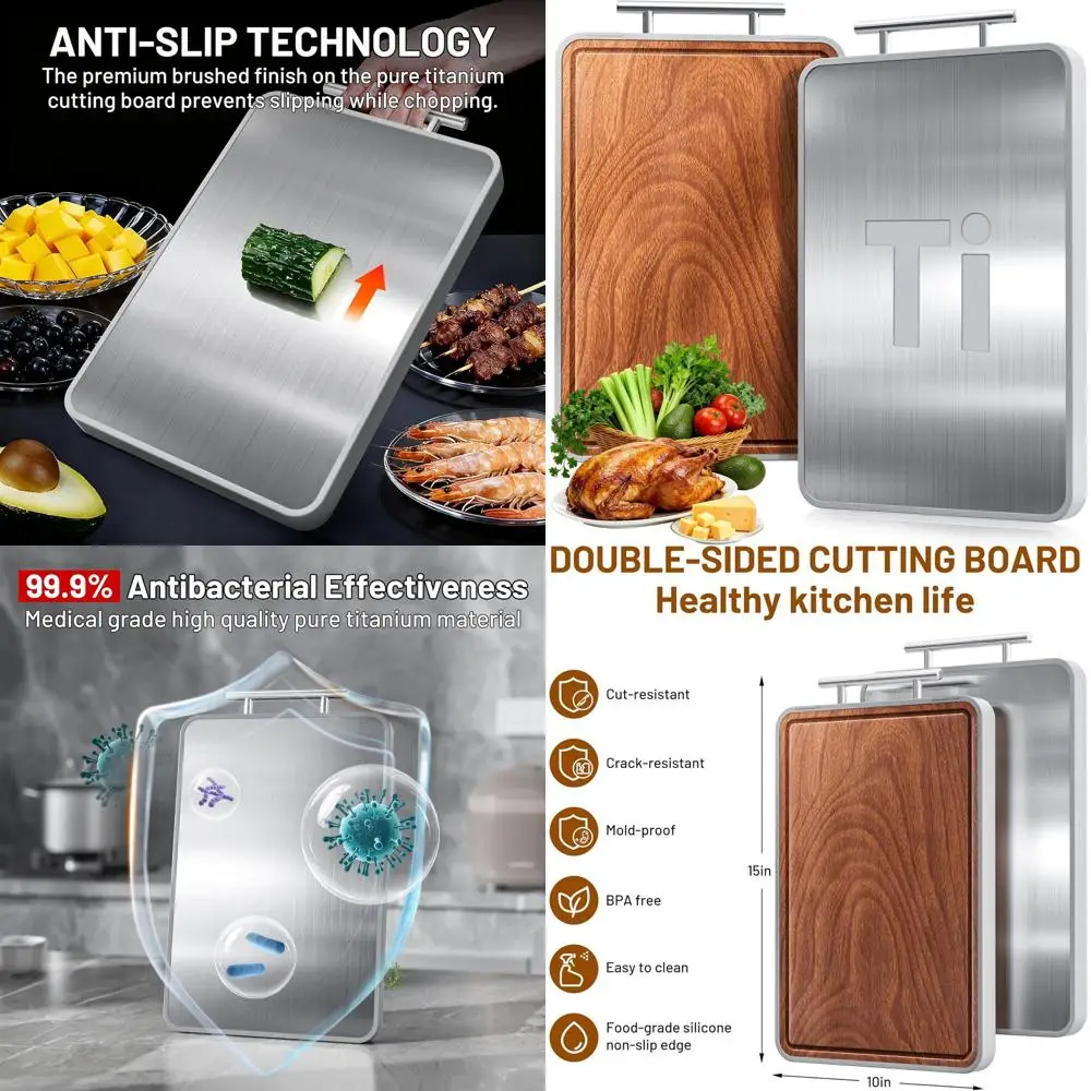 

Dual-Sided Metal Chopping Board with Ebony Wood, Handle & Juice Groove for Kitchen and Meat Prep