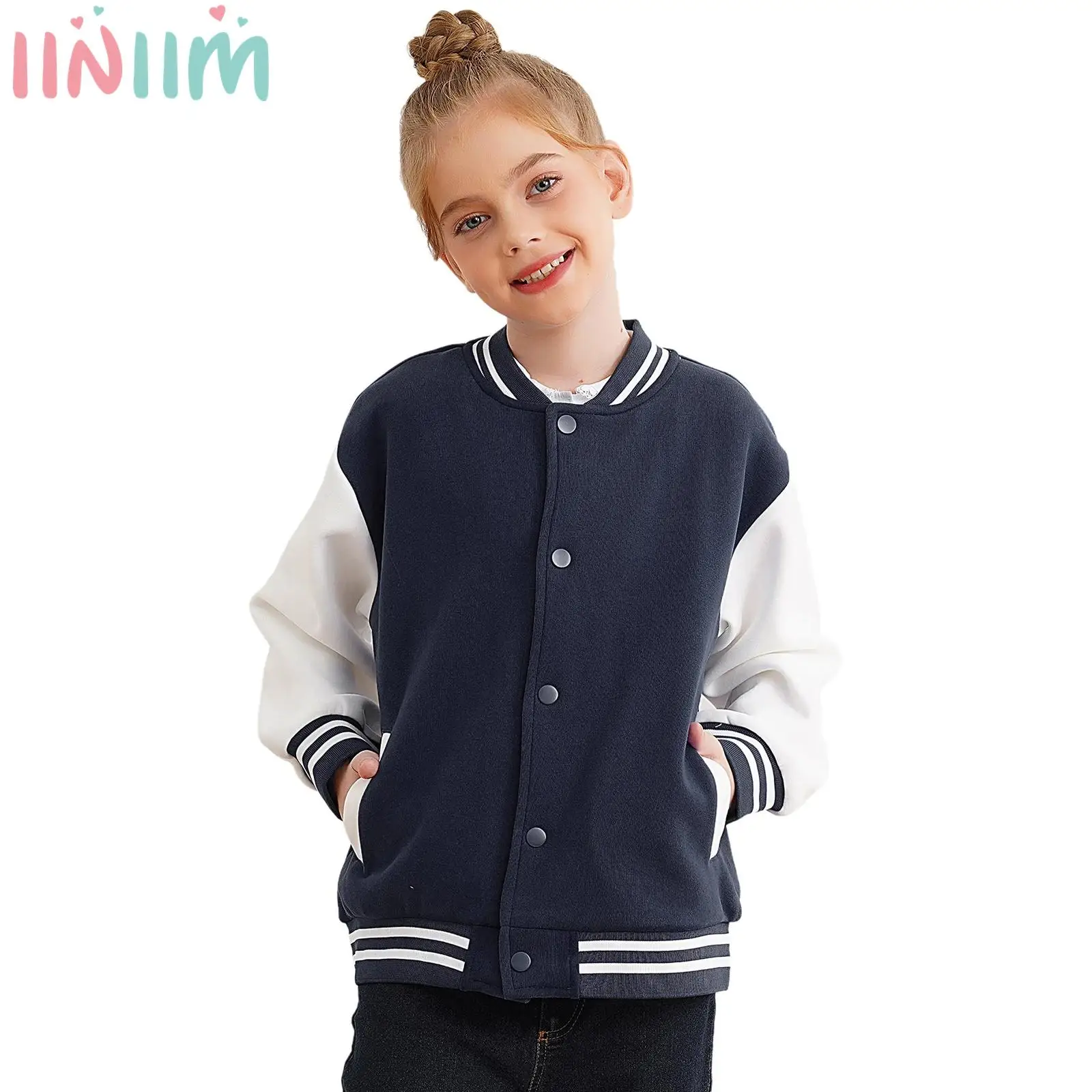 Unisex Kids Boys Girls Classic Baseball Jacket Color Patchwork Long Sleeve Button Velvet Coat with Pockets Hip-Hop Street Wear