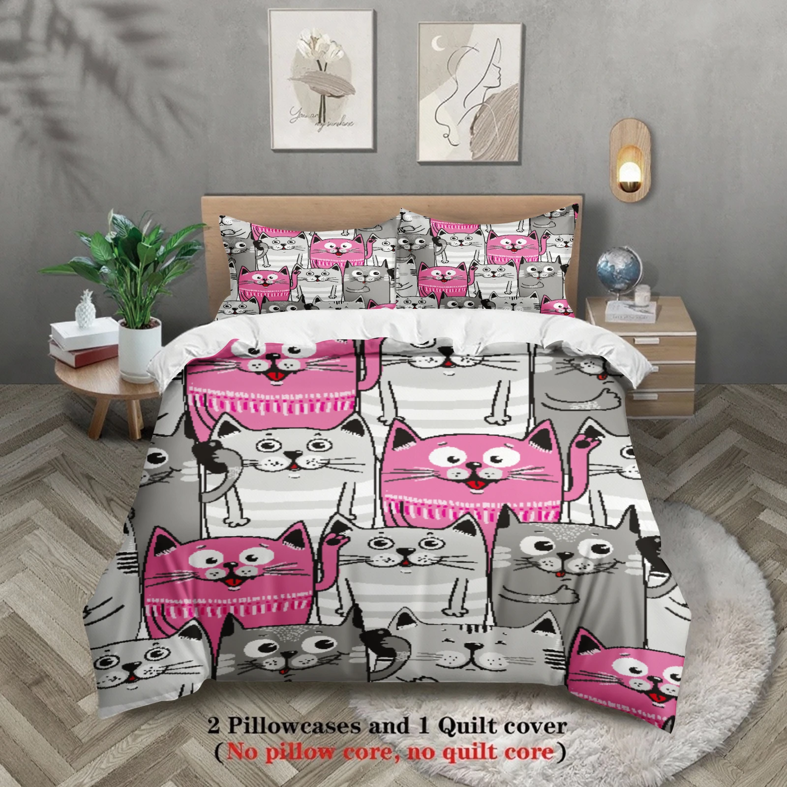 3pcs Cat Pattern Bedding Sets 3D Printed Pink And Gray Cats Single Twin Queen Size Duvet Cover Sets With Pillowcases No Filling