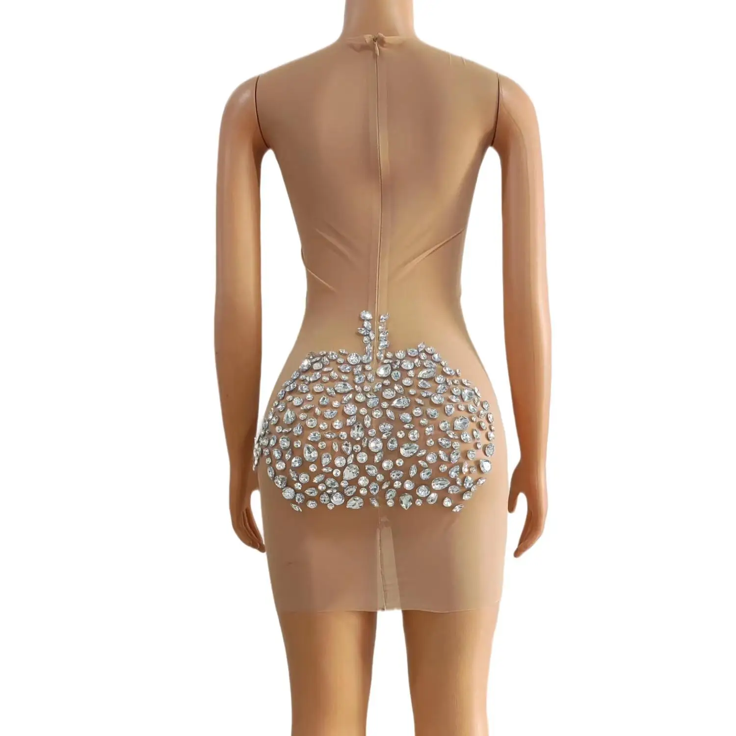 Xiaojingjing Luxury Nude Mesh Mixed Oval Pear Crystal Rhinestone Dress Ladies Sleeveless Bodycon Night Out Birthday Club Dress