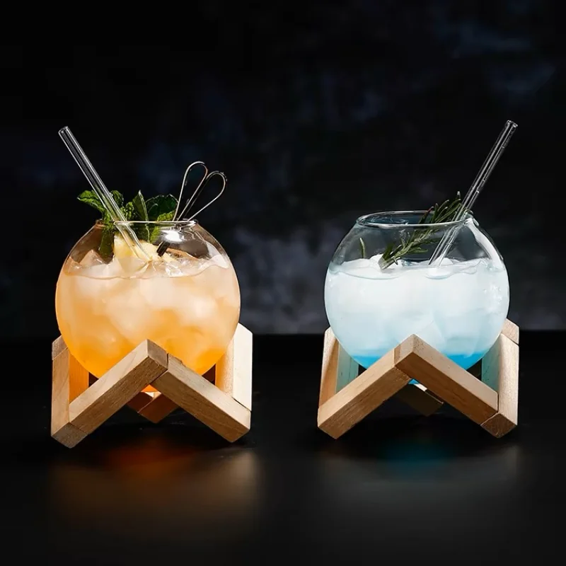 木製スタンド付きカクテルグラス,クリエイティブなバーグラス,ドリンクカップ,ロナットボール,スムージー,フルーツ,ムーン,ジュースタンブラー