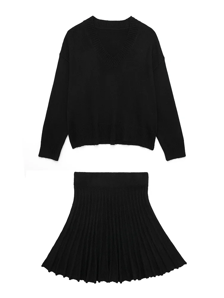 Cozy Casual Knitwear Two Piece Sets For Women V Neck Loose Sweater And High Waist Mini Pleated Skirt Co Ord Set Black Outfit