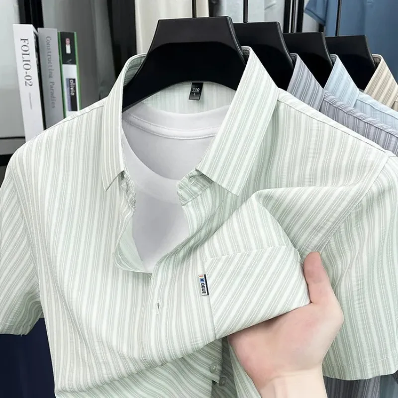 

Men Summer Striped Short Sleeve Shirt Thin Lapel Pocket Loose Casual Shirts For Middle Aged Dads