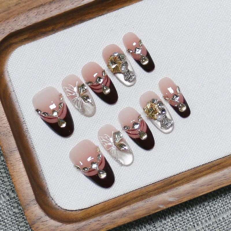10pcs Press-On Nails Fall/Winter French-Style Hand-Painted Ombré Cat-Eye False Nails—Perfect for Women and Everyday Wear