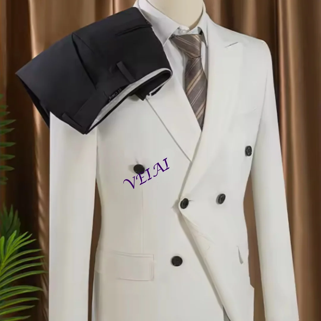 

Customized Elegant White Double Breasted Suit Set 2 Piece Business Wedding Outfit Classic Stylish Blazer Pants Modern Trendy
