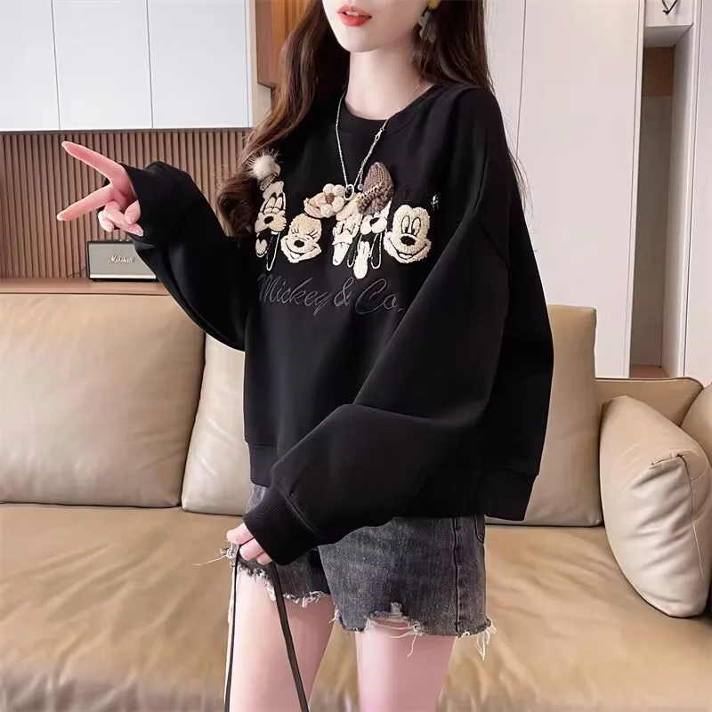 

Korean Version Mickey Embroidery Short Sweatshirt Spring Autumn New Loose Streetwear Women Kawaii Tops Harajuku Kpop Clothes