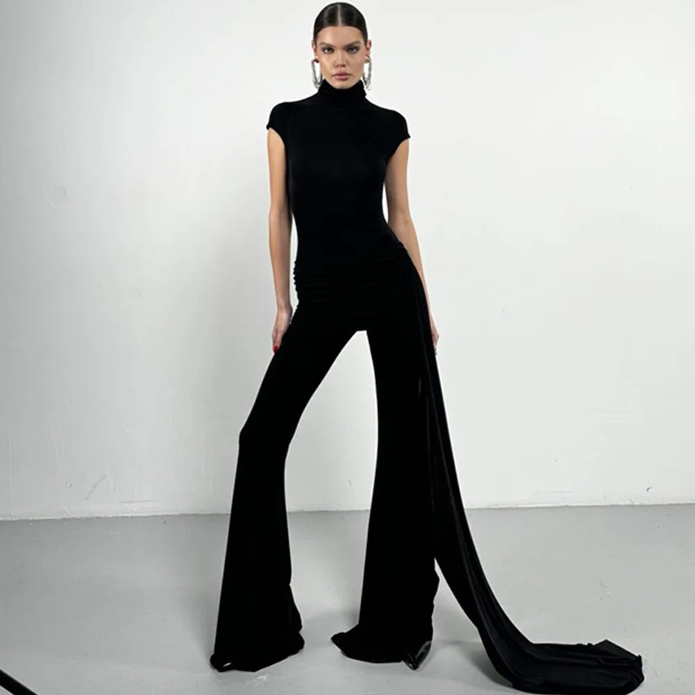 

Women's sexy and fashionable pleated ribbon high-neck high-waisted slim-fitting jumpsuit