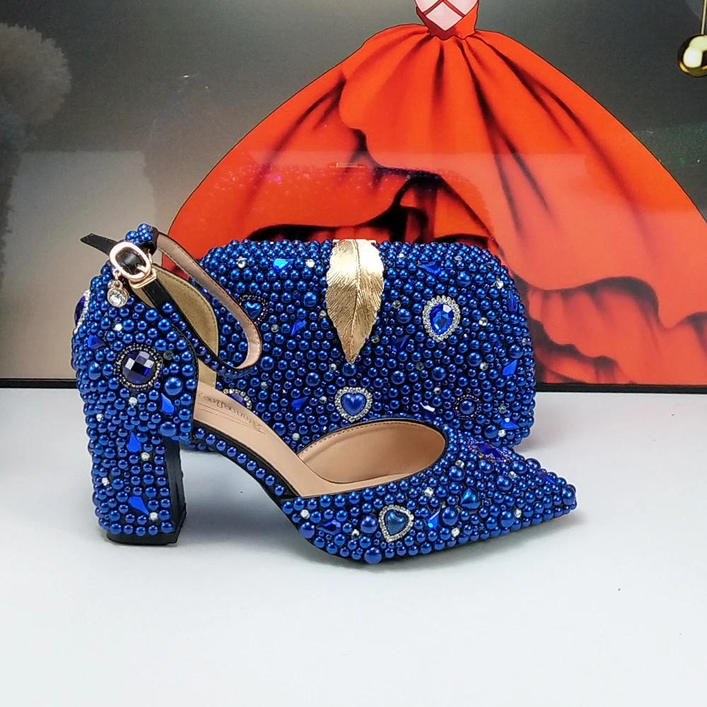 

Fashion New arrival Royal Blue Pearl Bridal shoes and Bag Set woman party dress shoes ankle Strap Buckle Shoes Thick Heel Pumps