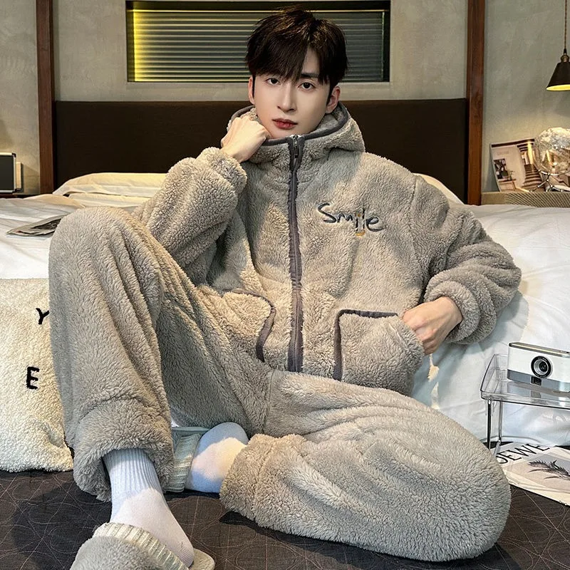 Can Be Worn Outside  Sleepwear Coral Velvet Pajamas for Men  New Fleece Thickened  Island Velvet Hooded Home Wear Winter 2025