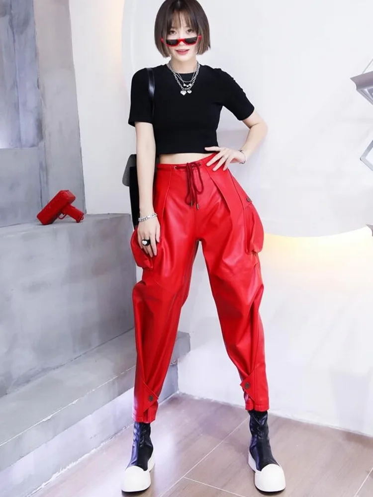 New Fashion Women Adjustable Bottom Boot Cut Trousers Loose Fit Wide Leg Pants Casual Streetwear Sheepskin Genuine Leather Pants