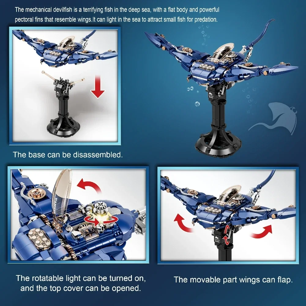 Criativo técnico mecânico manta ray mar animal mobulidae vida blocos de construção modelo com luz educacional haste brinquedo kit presente