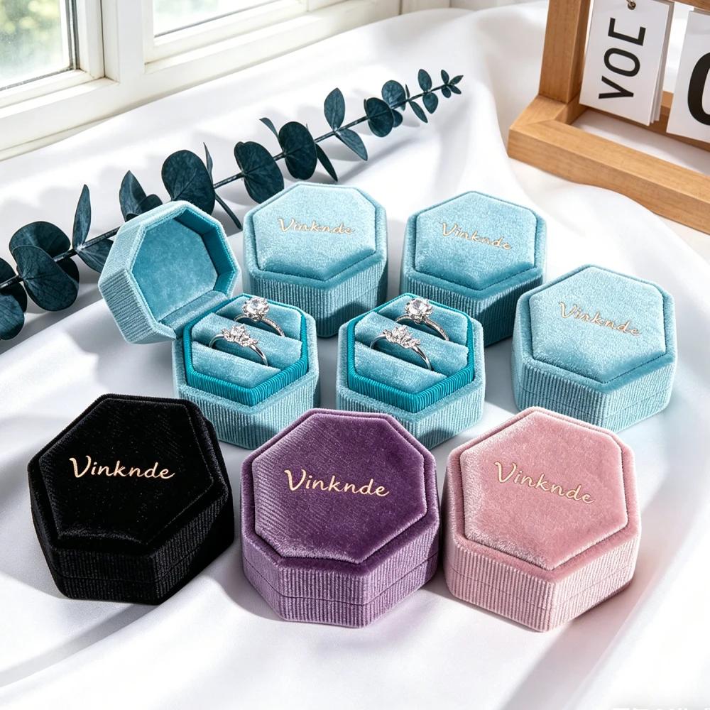 

20/50/100Pcs Hexagonal Velvet Double Ring Box 5x4.4x4.5cm Custom Logo Wedding Gift Jewelry Ring Packaging with Cover for Couples