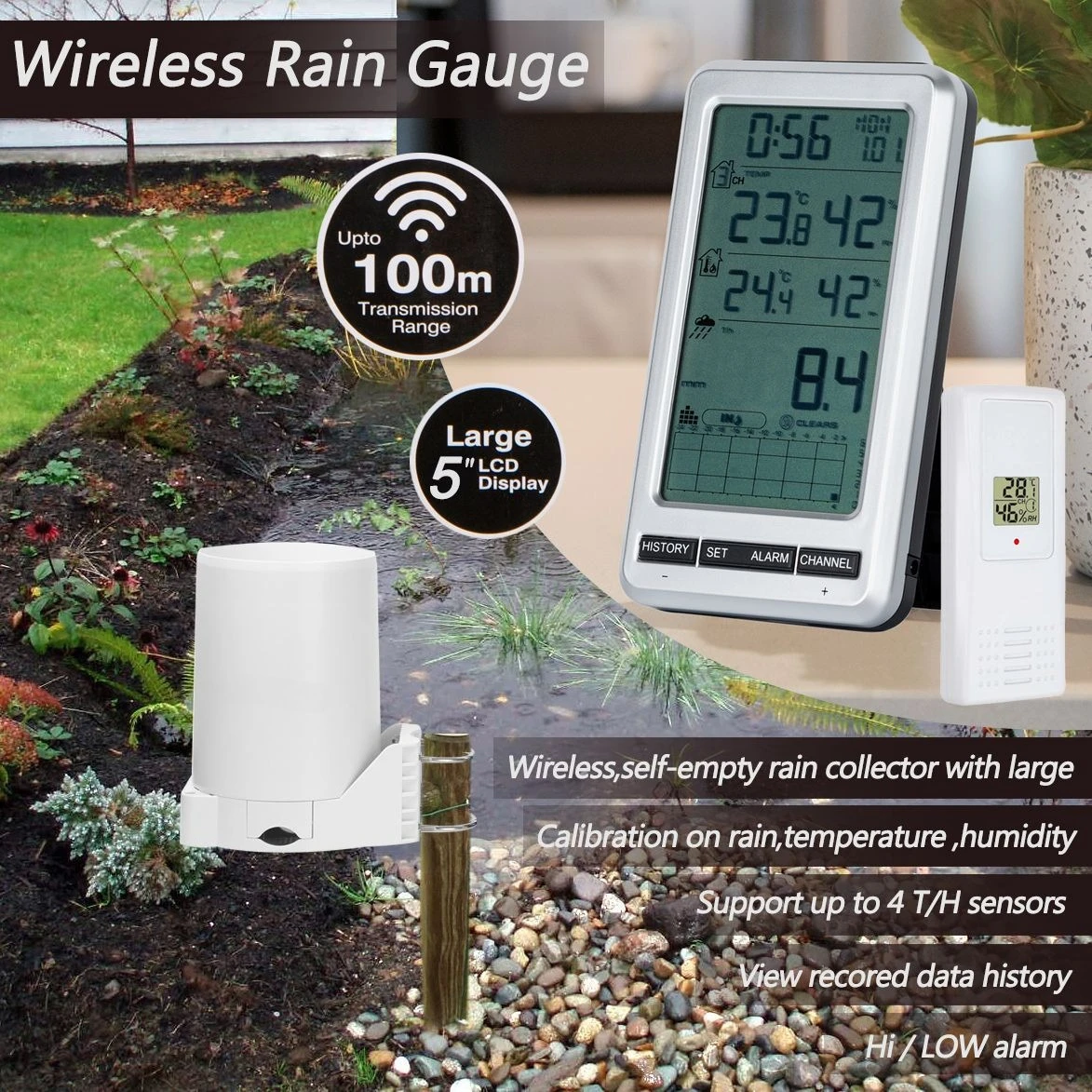 Wireless Rain Gauge, Household Rainfall Temperature and Humidity Monitoring Meter