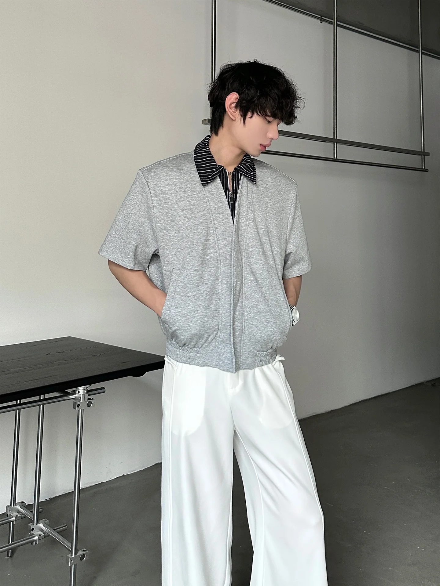 MARTHENAUT Casual Zipper Short Sleeve Shirt Stand Collar Fake Two-Piece Design Short Length Fashionable Men's Cotton Blend Shirt
