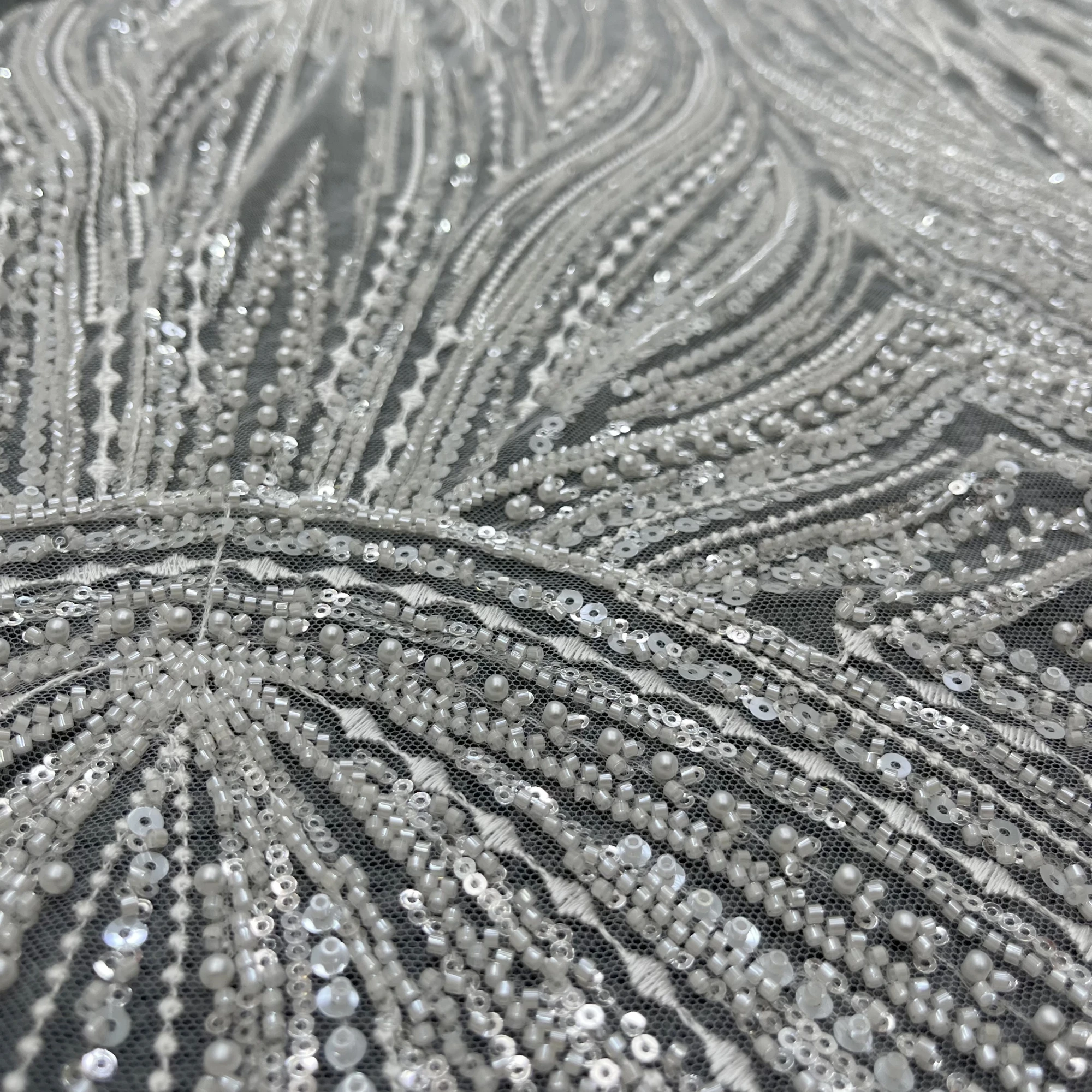 Luxury Delicate Lines Sequins Beads Lace Embroidery Wedding Dress Lace Fabrics