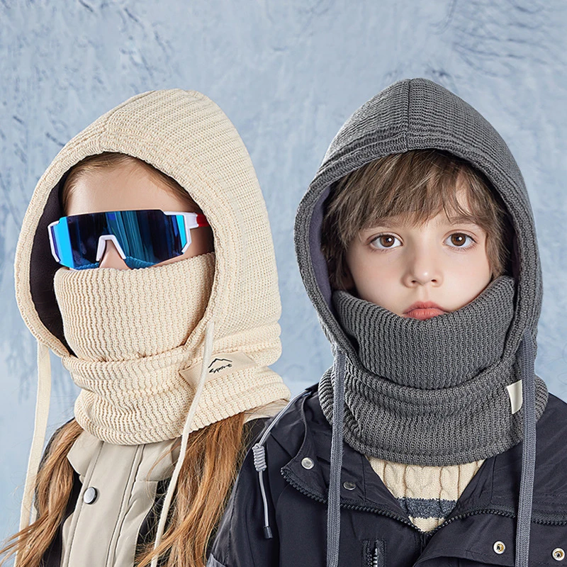 Winter Child Balaclava Hat Boy Girl Fleece-lined Bonnets Windproof Mask Knitted Beanies Cap Scarf Set Kids Hooded Warm Cap 4-10Y