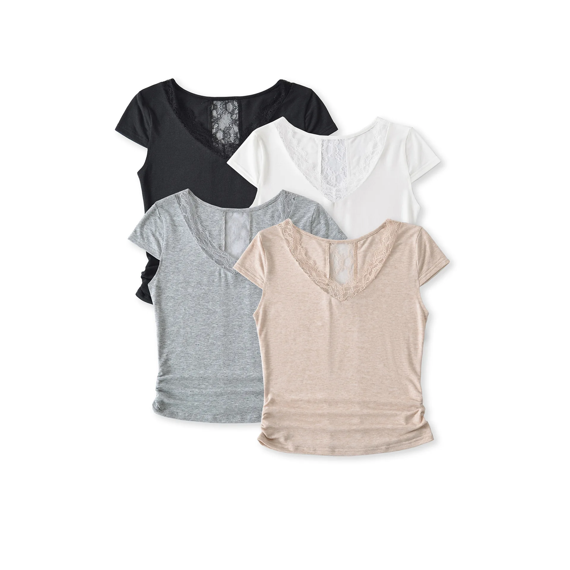 American-style spicy girl V-neck lace patchwork short-sleeve T-shirt for women  summer collection tight-fitting stretchy O5