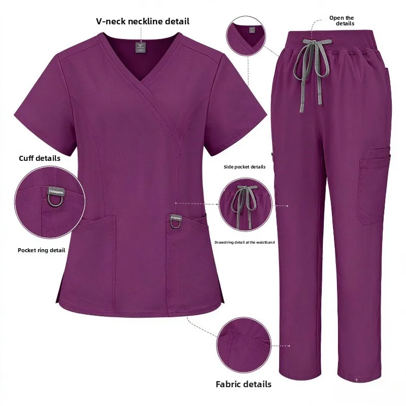 Women V Neck Medical Scrub Set Short Sleeve Top Multi Pocket Pants Nurse Healthcare Work Uniform