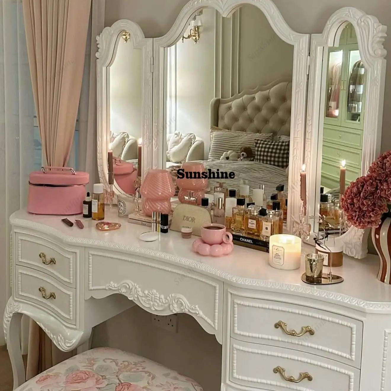 

French light luxury solid wood dresser, hand-carved dressing table cloakroom master bedroom