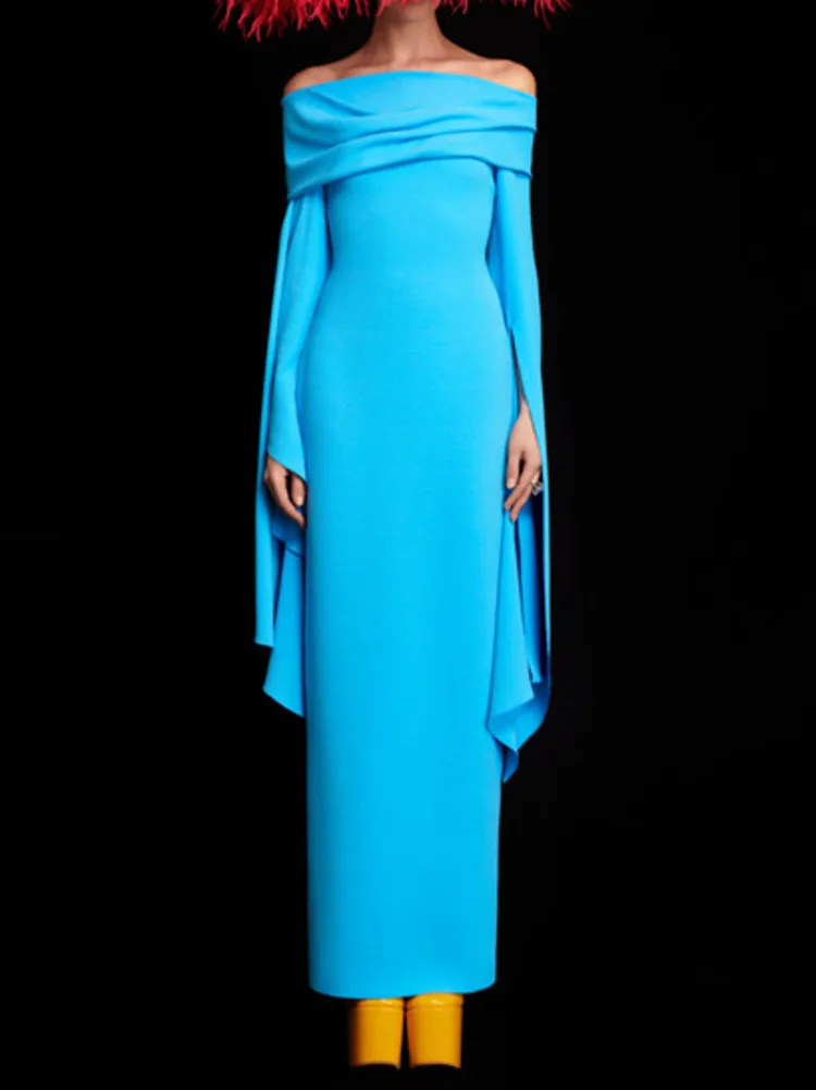 DEAT Elegant Dress Irregular Flare Sleeve Slash Neck Slim Women\'s Customized Evening Dresses 2024 Autumn New Fashion 13DB4299