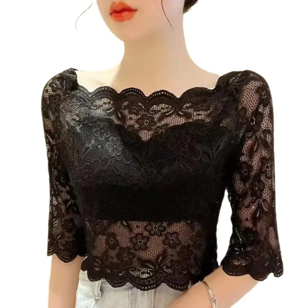 Women Cropped Tops One-word Collar Half Sleeve Blouse See-through Embroidery Lace Pullover Tops