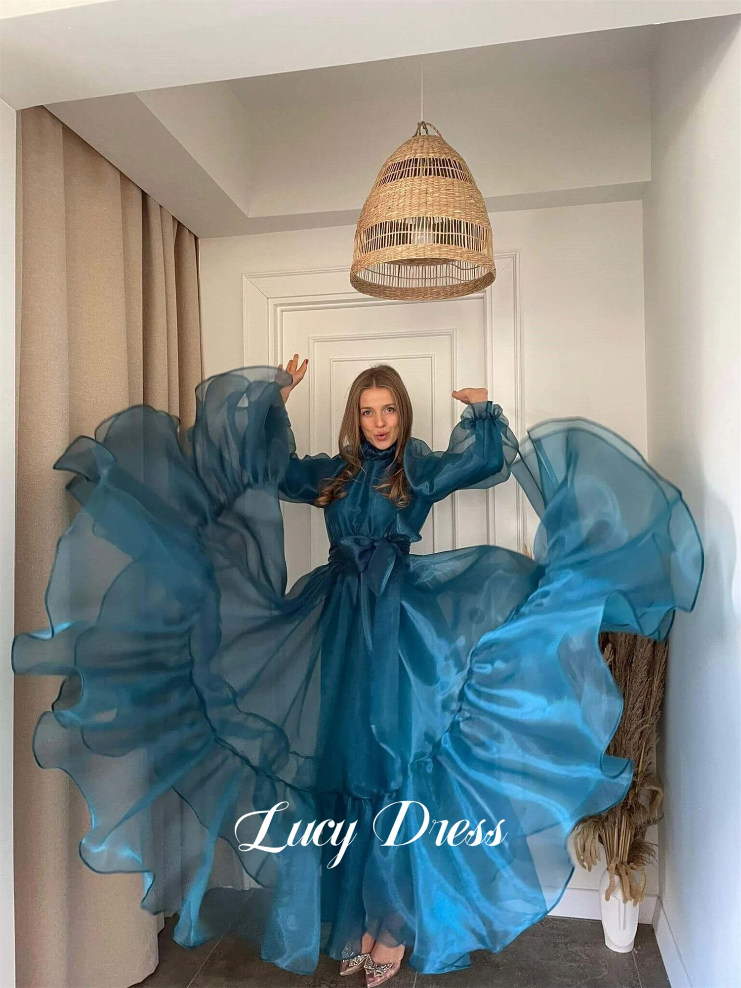 Lucy Organza Princess Dress Line A Puff Sleeves Ball Gown Graduation Round Neck Evening Dresses for Formal Occasions Prom