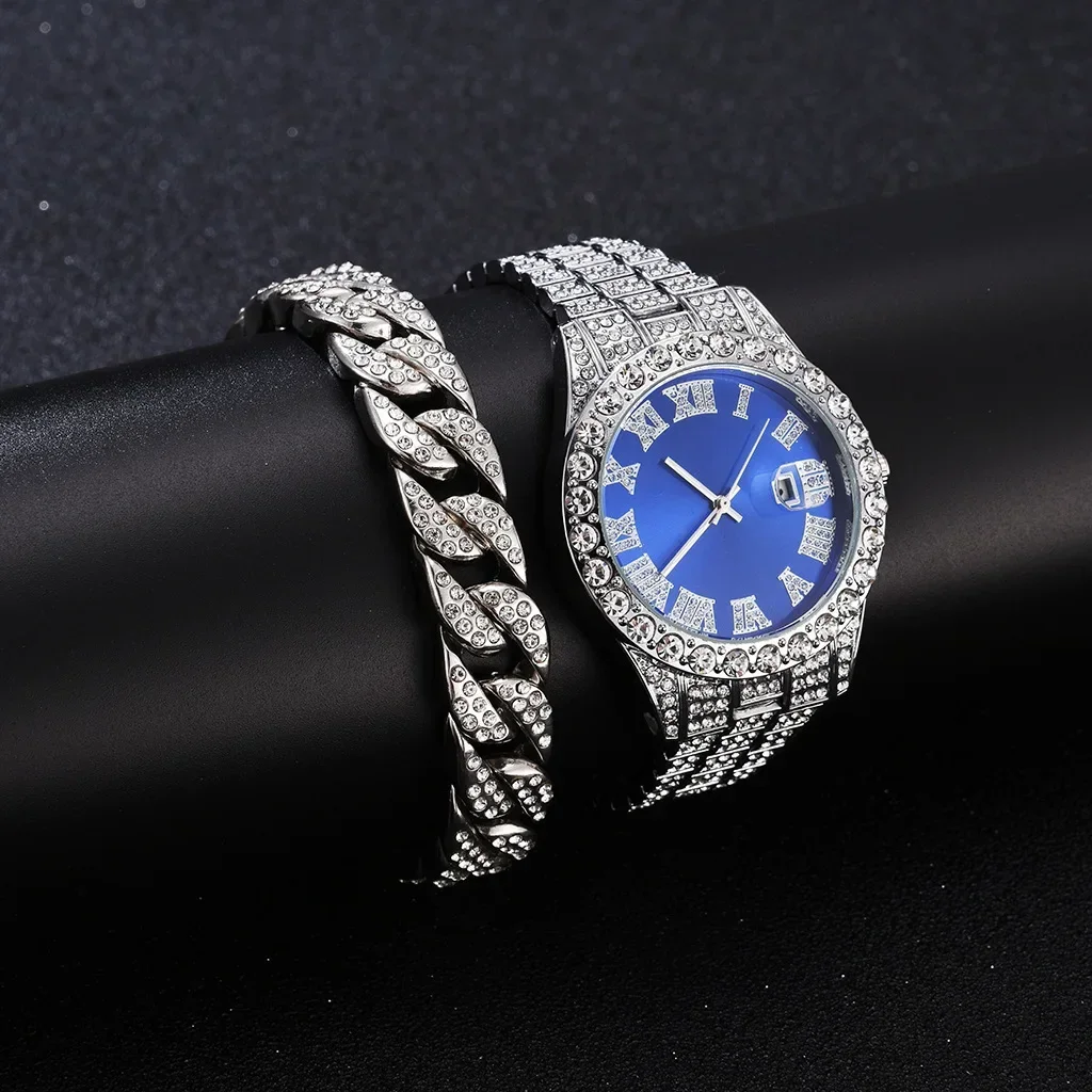 Luxury Mens Diamond Sports Quartz watch Luxury Stainless Steel Quartz Wrist Watch Calendar Men Business Casual