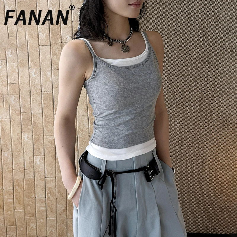 FANAN Spring Summer New Design Double Shoulder Strap Color-Contrast Hollow Out Slim-Fit Slimming Top For Women False Two-piece